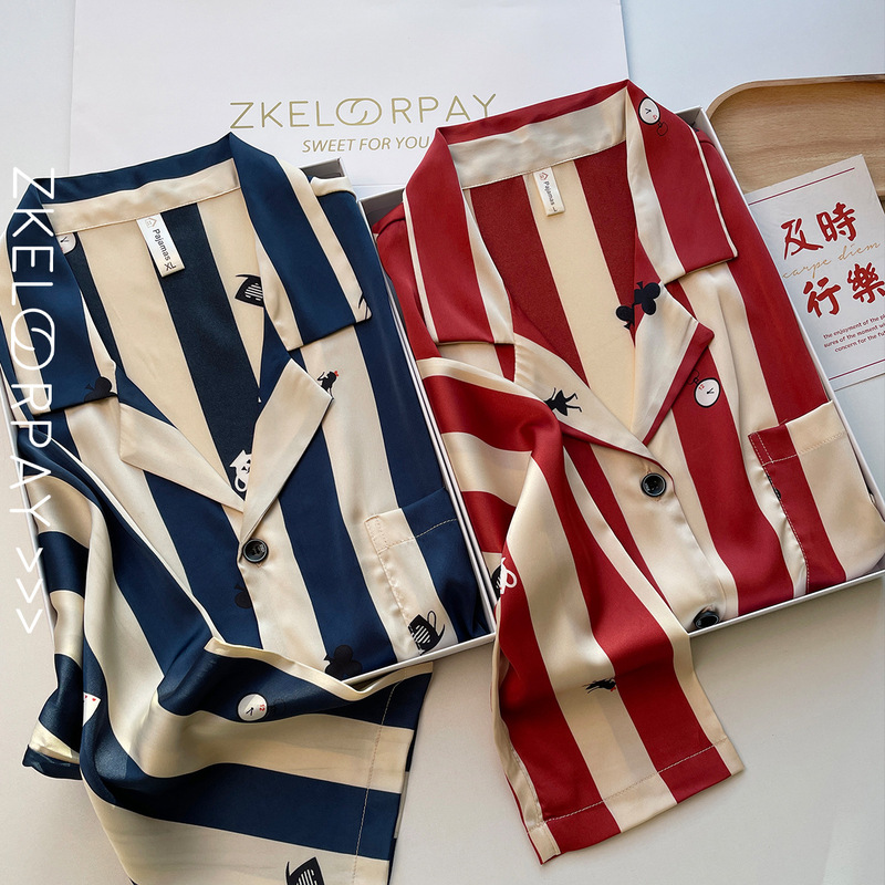 2026 Spring New Ice Silk Couple Pajamas Women's High-End Striped Christmas New Year Red Silk Homewear Men's