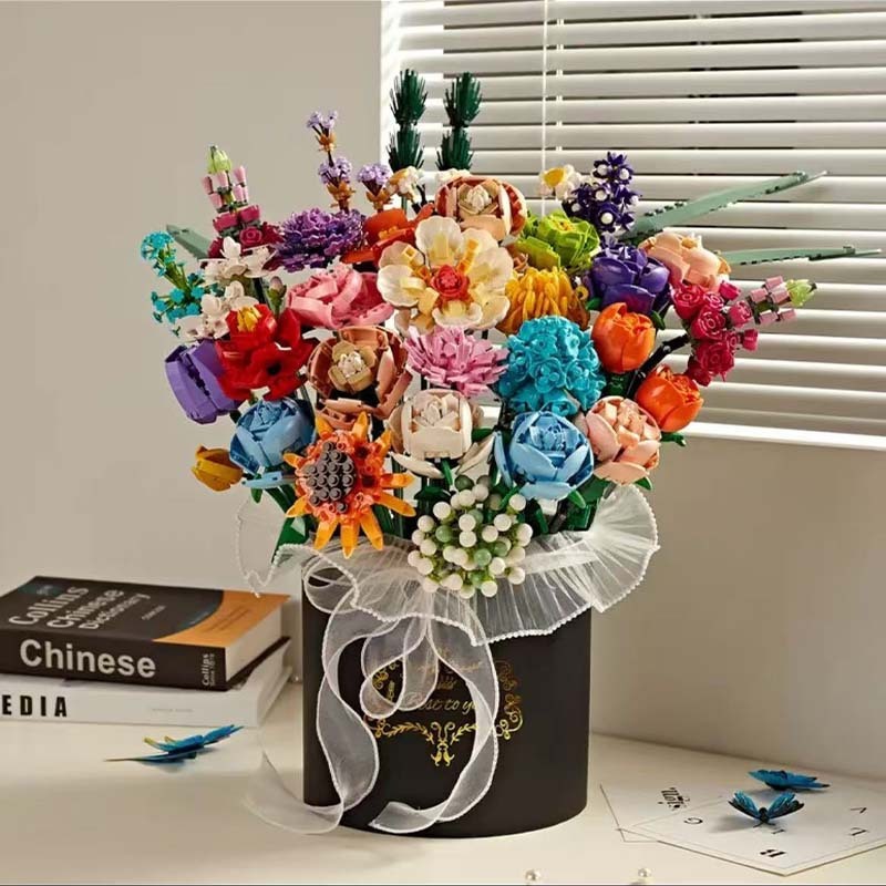 钻马积木花永生花束抱抱桶仿真花小颗粒积木DIY玩具七夕女生礼物|undefined