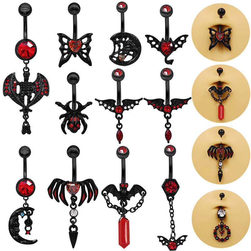 Piercing nombril papillon et cœur en zircon style devil noir_voghion.com