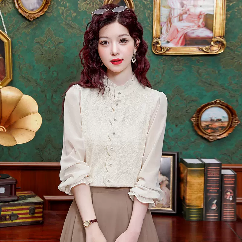 欧货时尚木耳领衬衫女2025春季新款提花蕾丝长袖衬衣百搭上衣女