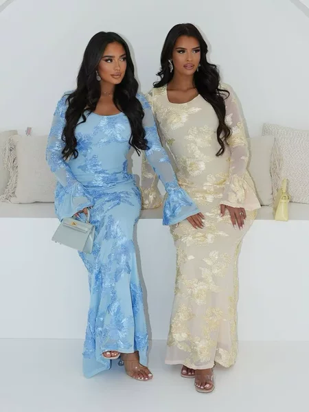 Gy26079 Autumn and Winter European and American Amazon Backless Trumpet Sleeves Hip-Covering Sexy Fashion Sexy Slim Dress