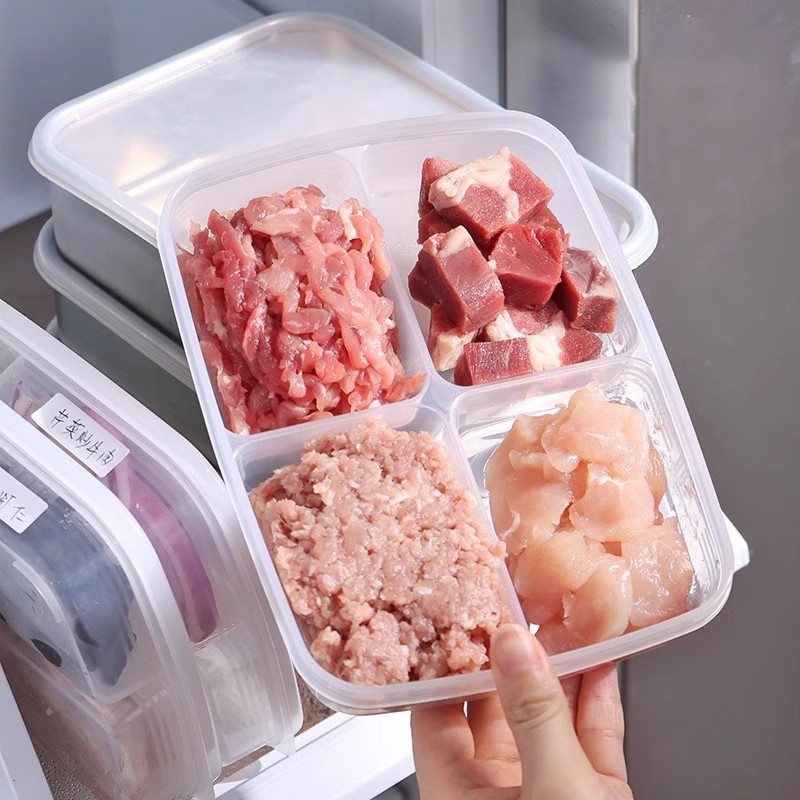 食品保存容器 キッチン食品仕分け容器 4区画鮮度保持容器 冷蔵庫冷凍肉容器 密閉保存容器|undefined
