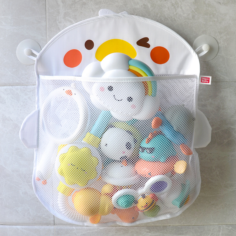 Children's bath toy storage mesh bag waterproof drain cartoon cute duck baby bathroom bag with suction cup
