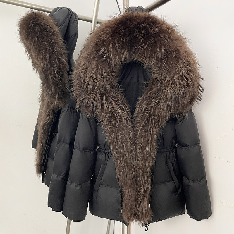 Women's New Winter Hooded down Jacket with Natural Detachable Real Raccoon Fur Collar, Waist-Cinching, Thickened, and Warm Coat