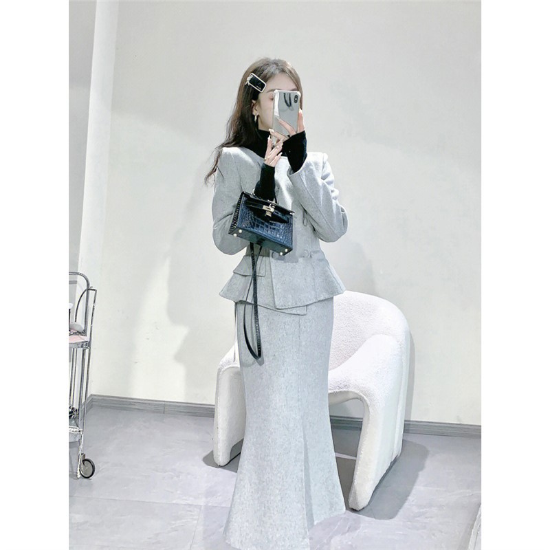 深圳南油冬搭配一整套名媛小洋装高级感韩剧小香风灰色毛呢套装裙