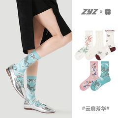 文藝復興原創女襪春季立體浮雕中筒襪花卉蝴蝶花邊無骨潮流襪子女