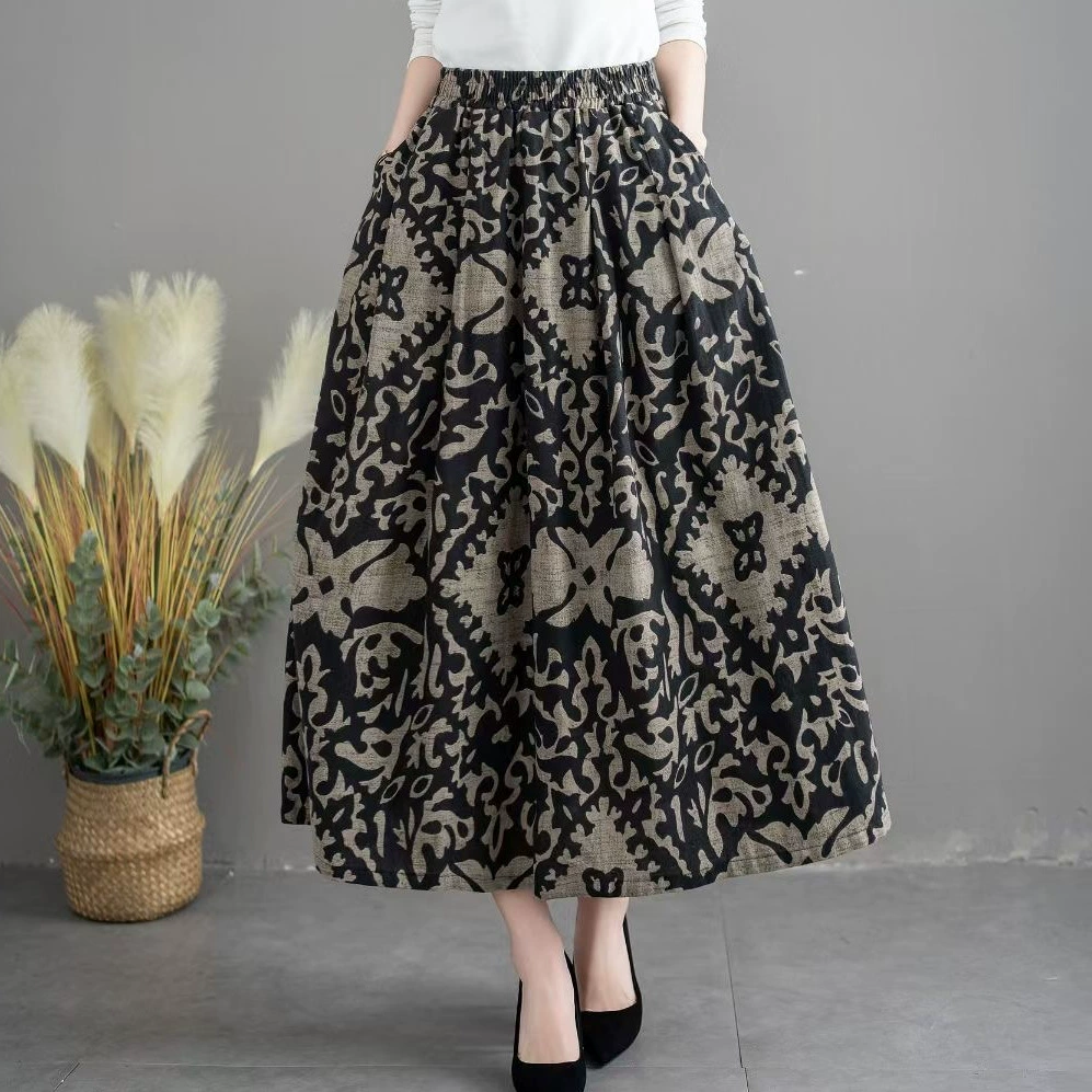 [С карманами] Новая хлопковая и льняная юбка 2025 года, летняя, средней длины, цветочная, облегающая, с высокой талией, весенне-летняя юбка