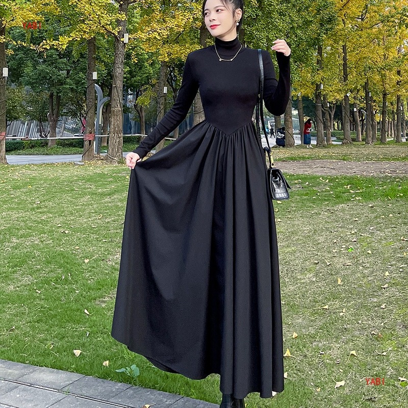黑色赫本风高领连衣裙女2025秋装感收腰显瘦气质长裙大摆裙子|undefined