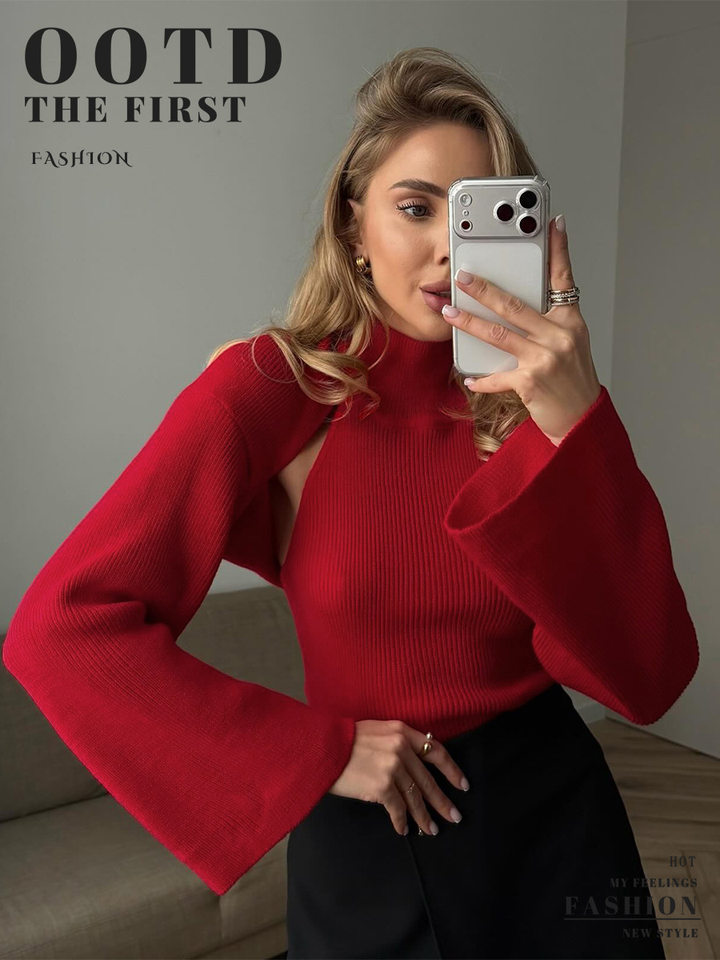 Bộ hai món áo len cổ cao trễ vai kèm áo cardigan dáng ôm, tay loe — Màu trắng, màu đen, màu đỏ chi tiết 1