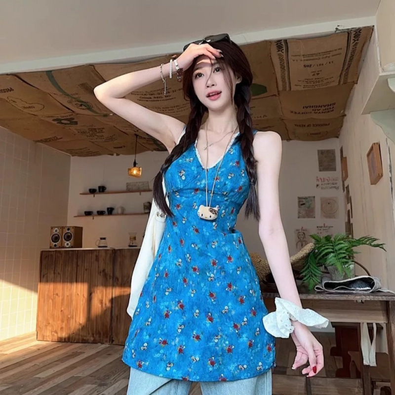 Capri Blue White Floral V-Neck Chiffon Waist Sleeveless Short Dress Slimming Look Strappy Skirt for Women