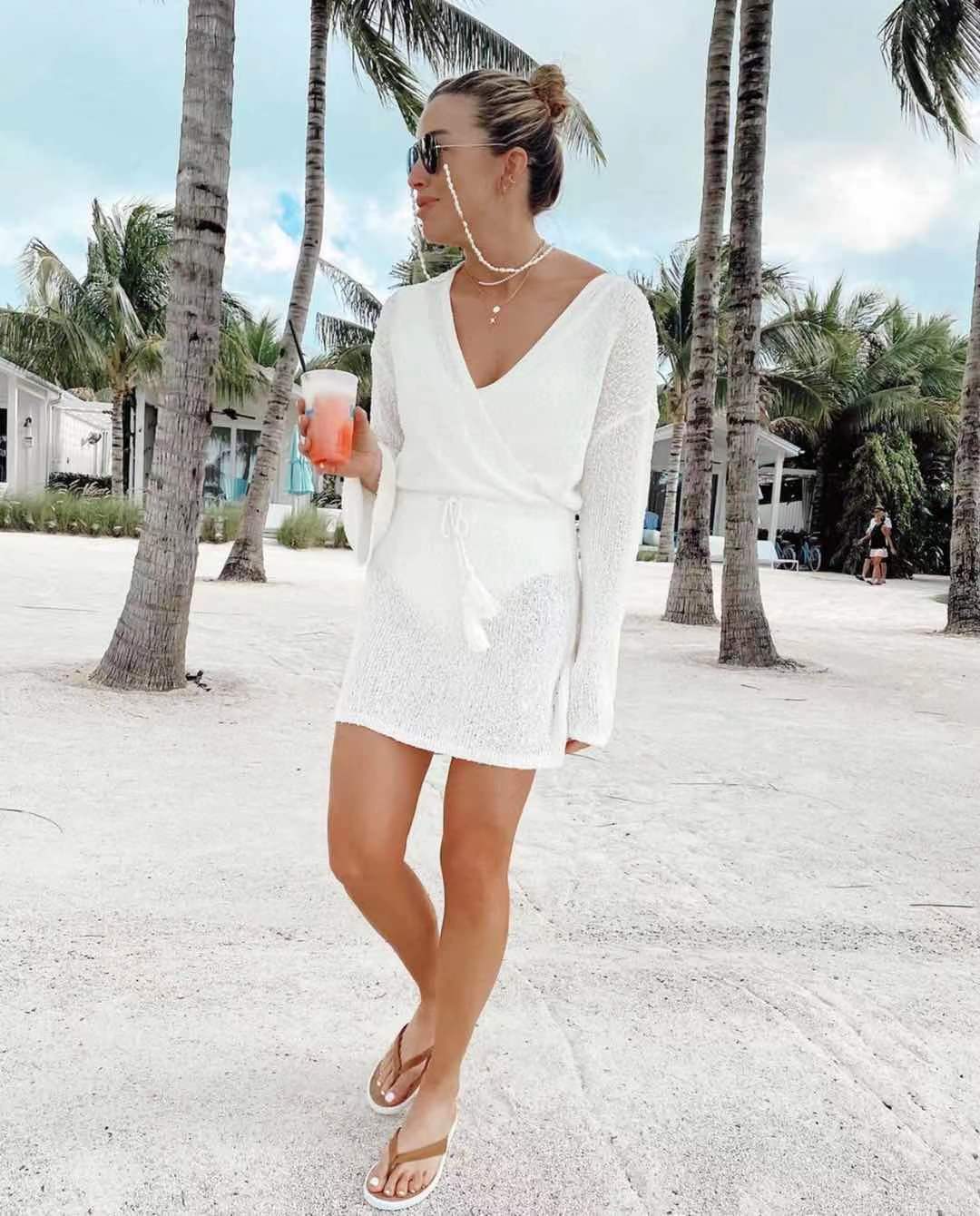 V-neck long sleeve waist solid color beach outdoor cover-up NSMUX132647