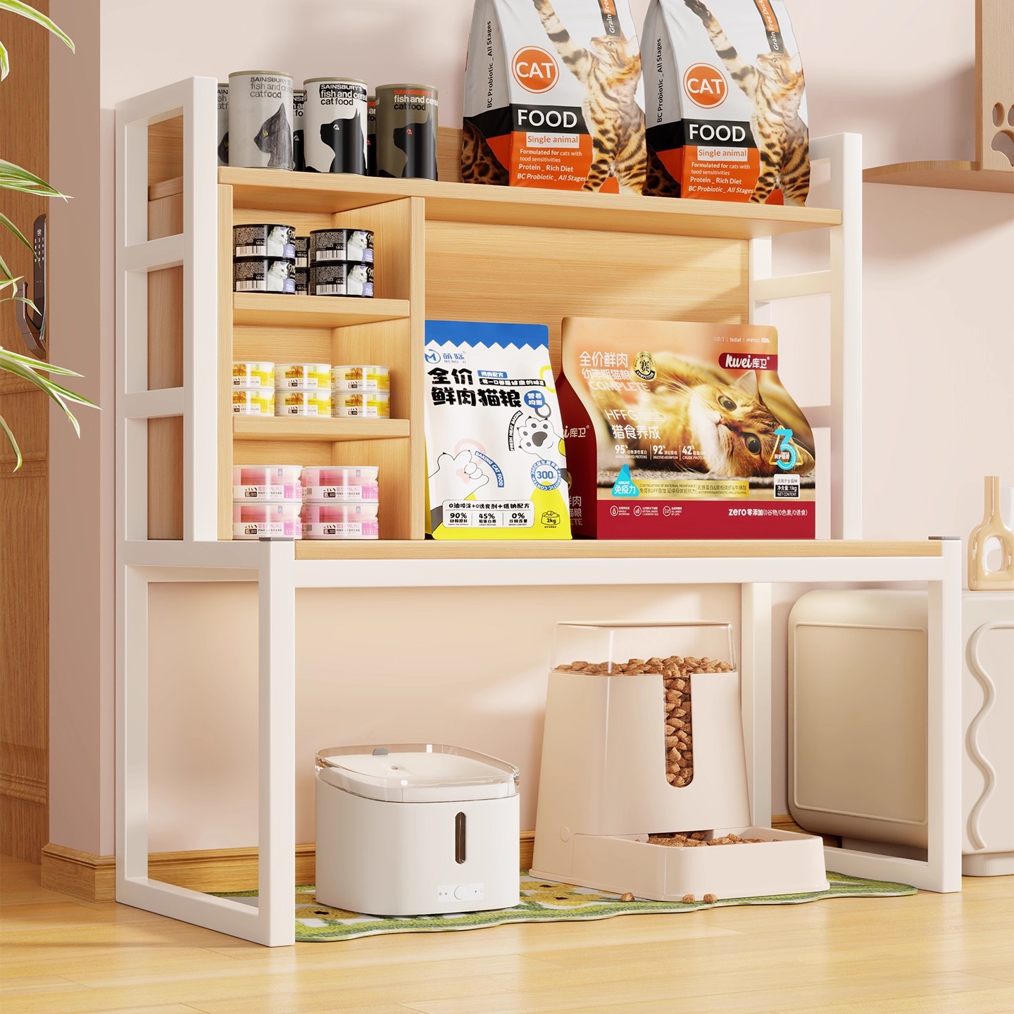 Estante Organizador Multicapa para Gatos de Acero y Madera para Sala de Estar