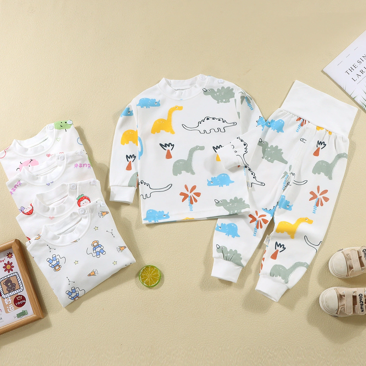 Детская домашняя одежда с высокой талией, комплект нижнего белья, детская осенняя одежда из чистого хлопка с белой нижней частью, осенние штаны, пижамы категории A с героями мультфильмов для младенцев