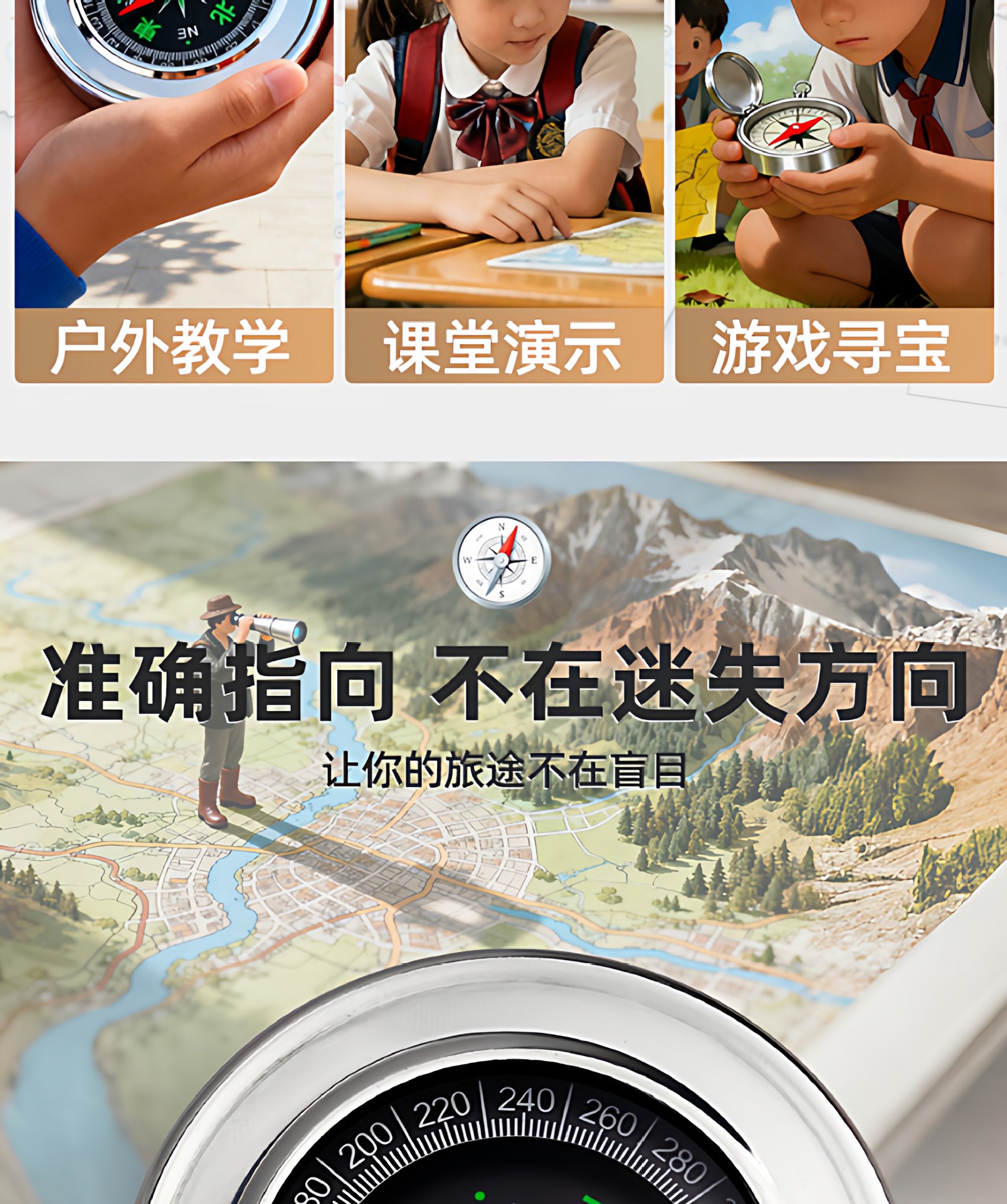 High-precision luminous car compass, multifunctional outdoor product for children and elementary school students
