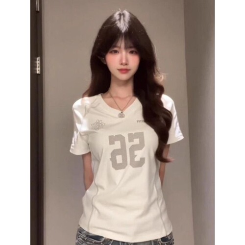 230g ice silk ribbed American hot girl v-neck shoulder short-sleeved t-shirt slim slimming short top ins trend