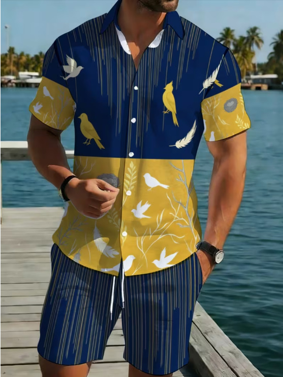 Men's Casual Hawaiian Print Shirt And Shorts Set Polyester Loose Fit Spring Summer Autumn Wear Y2K_viptrois.com
