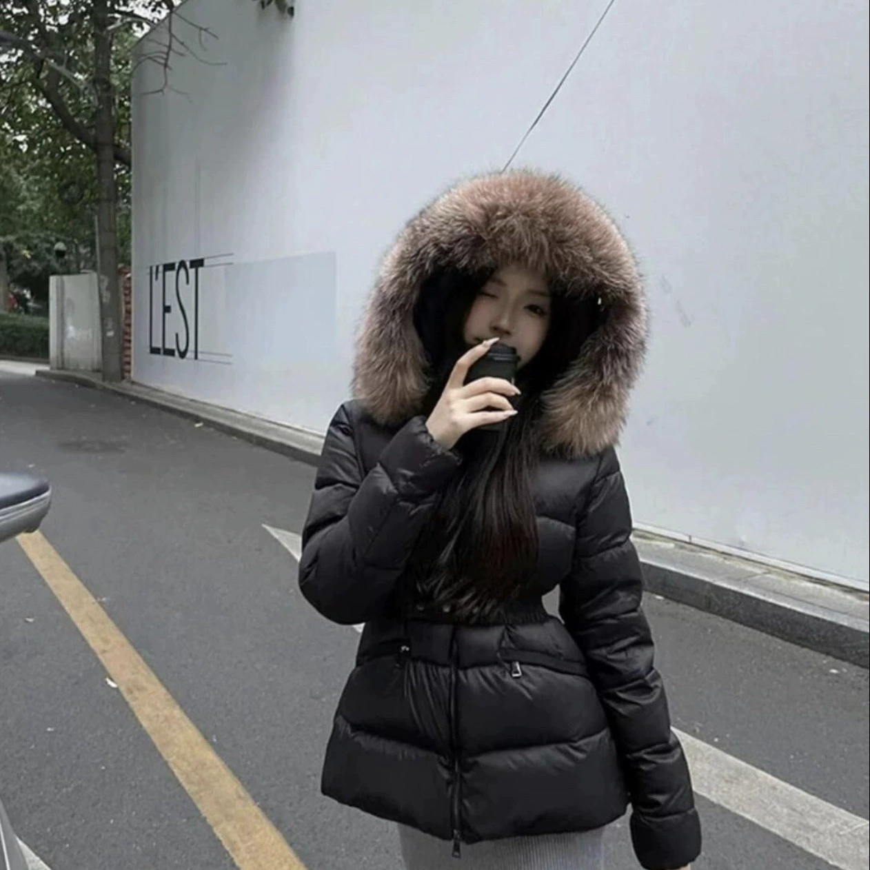 Retro down jacket, fitted keep warm velvet brace, goose down