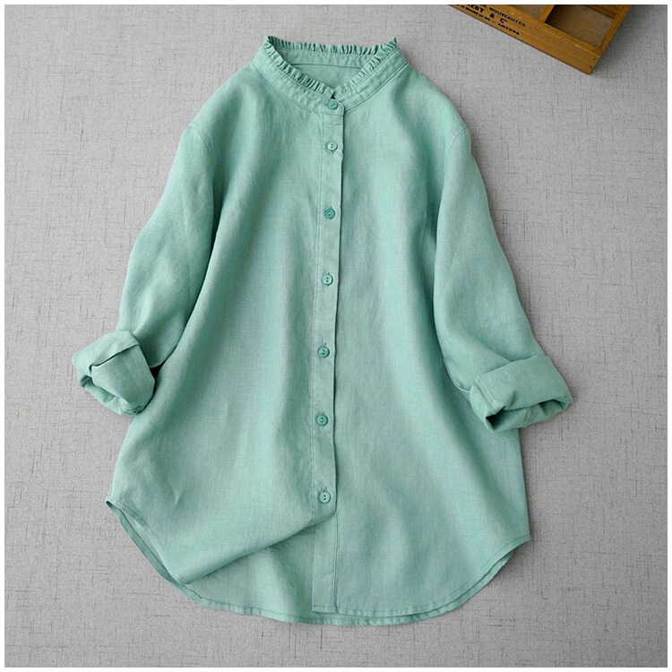 2024 Autumn New Washed Linen Solid Color Long Sleeve Shirt Women's Artistic Auricularia Lacy Collar Simple Cardigan Top 2024 Autumn New Washed Linen Solid Color Long Sleeve Shirt Women's Artistic Auricularia Lacy Collar Simple Cardigan Top