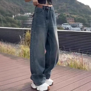复古直筒牛仔裤女小个子2025新款春秋高腰垂感宽松显瘦大脚阔腿裤