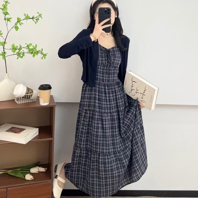 复古赫本风格子连衣裙套装女2025新款秋装针织衫吊带裙两件套|undefined