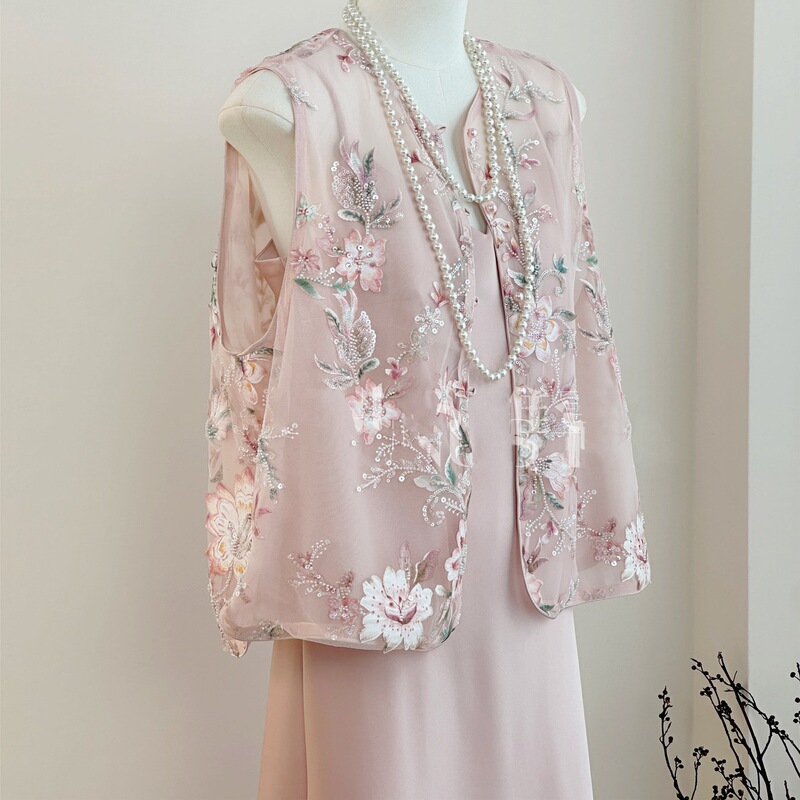 New Chinese Style Light National Style Tulle Sequin Embroidered Waistcoat Vest Suspender Suit Women's Summer Wear