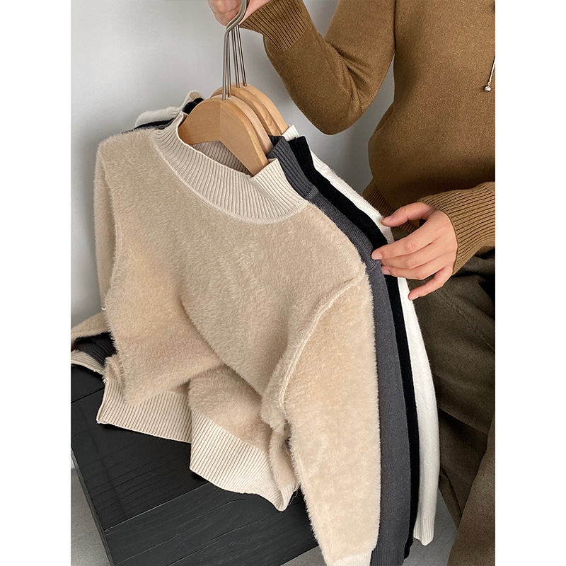 江左 半永久内搭保暖针织衫一体绒纯色加绒加厚纯色长袖女冬 1190