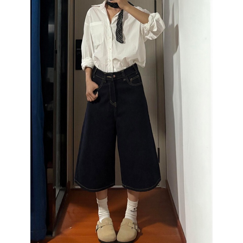 Dark Blue Wide-Leg Cropped Jeans for Women, Summer New Style, Loose Fit, Plus Size, Slimming Straight-Leg Pants Dark Blue Wide-Leg Cropped Jeans for Women, Summer New Style, Loose Fit, Plus Size, Slimming Straight-Leg Pants