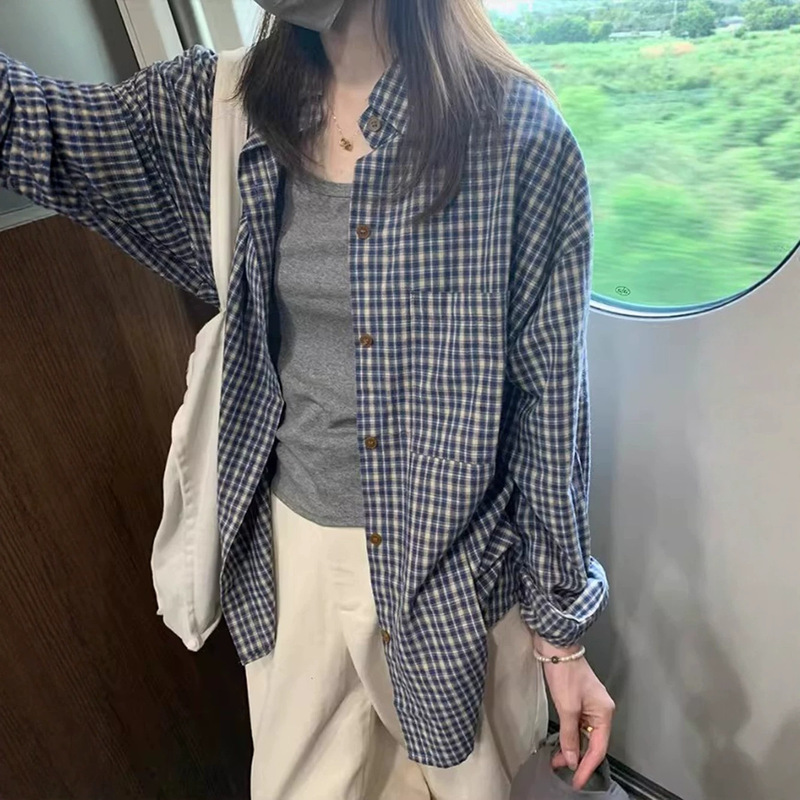 Korean Retro Blue Plaid Long-Sleeved Shirt for Women Summer New Style Loose Lazy Lapel Casual Shirt Jacket Top