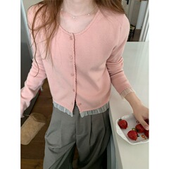 【现货】25女装秋季甜美花边蕾丝拼接针织衫女新款温柔系外衣