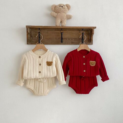 2024 Western Style Baby Set Cute Bear Outer Top Solid Color Knitted Sweater Cardigan + Shorts Two-piece Set