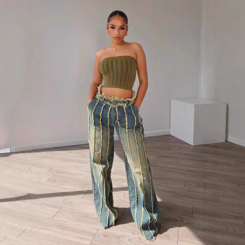 D8712 New European and American Women's Denim Splicing Multi-Layer Washed and Dyed Stretch Denim All-Season Pants Amazon