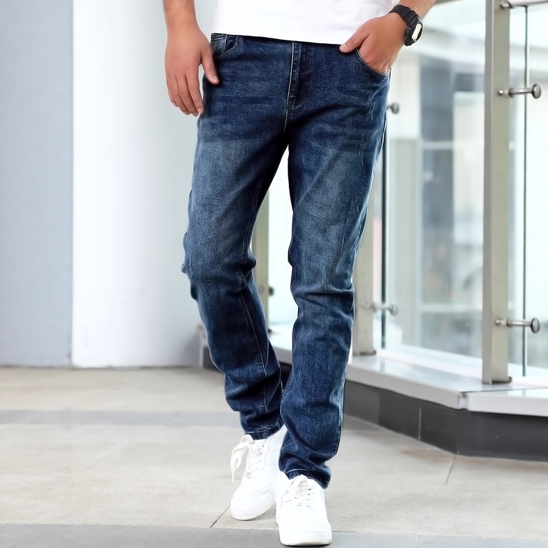 Men's Straight-Leg Jeans with Medium Stretch, Cycling Style Men's Pants, Street Style Dark Blue Denim Trousers
