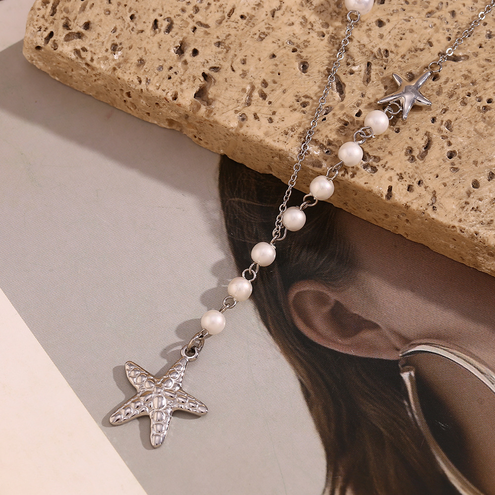 Steel Color Stainless Steel Starfish Pearl Necklace