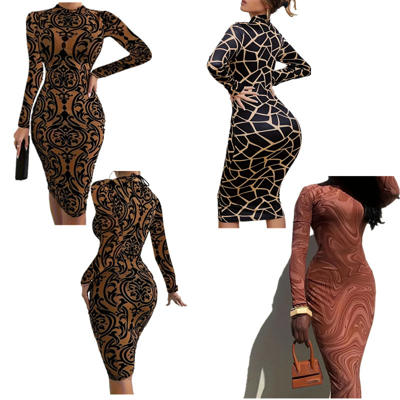 European and American Style Ins Foreign Trade Round Neck dress Printed Long-sleeved Pullover Mid-waist Street Slim-fit Hip Skirt for Women