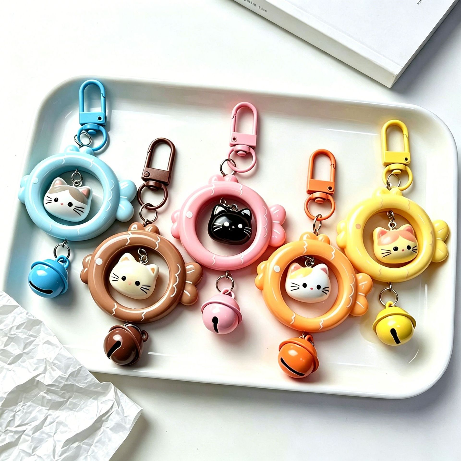 Cat and Fish Keychain Pendant with Colorful Bell, Cute Accessory for Best Friends and Couples, Small Gift for Bags, Wholesale