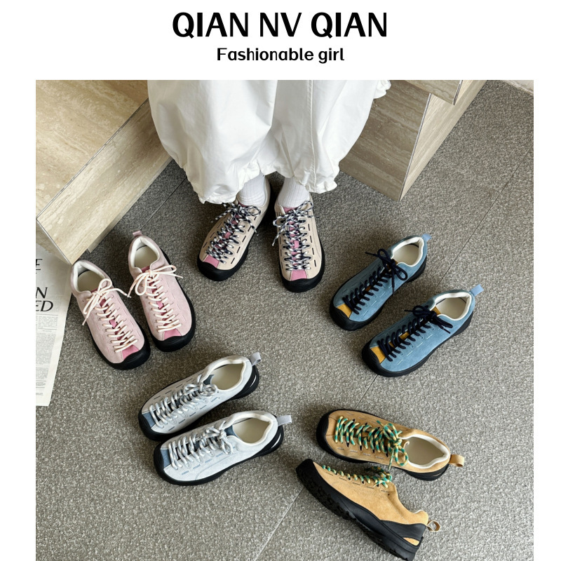 Genuine Leather Outdoor Hiking Shoes for Women 2026 Spring New Thick-Soled Casual Sports Shoes Ugly-Cute Color-Blocking Commuter Running Shoes