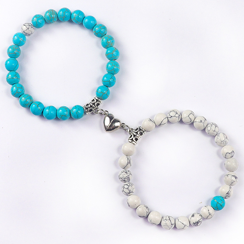 Couple Turquoise Bracelet Set Tiger Eye Stone Black Matte Stainless Steel Love Bracelet Blue Turquoise Love Magnetic Bracelet