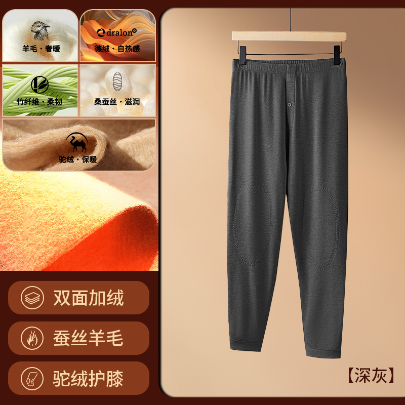Pantalones térmicos de lana de camello para hombre, nuevos para otoño e invierno, leggings de color sólido, pantalones de capa base con rodilleras