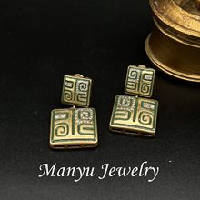 中古vintage国风新中式图腾方形耳钉复古高级感镶钻个性耳环耳饰