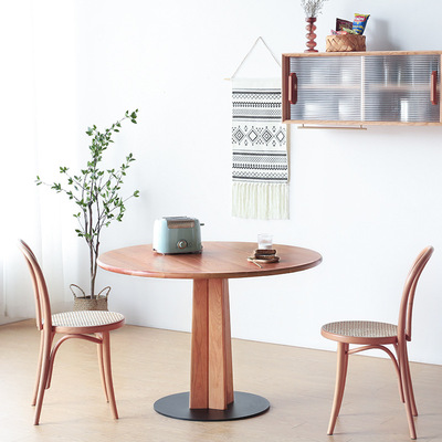 北欧樱桃木大圆桌铁艺现代简约实木饭桌家用小户型圆形餐桌椅组合|ms