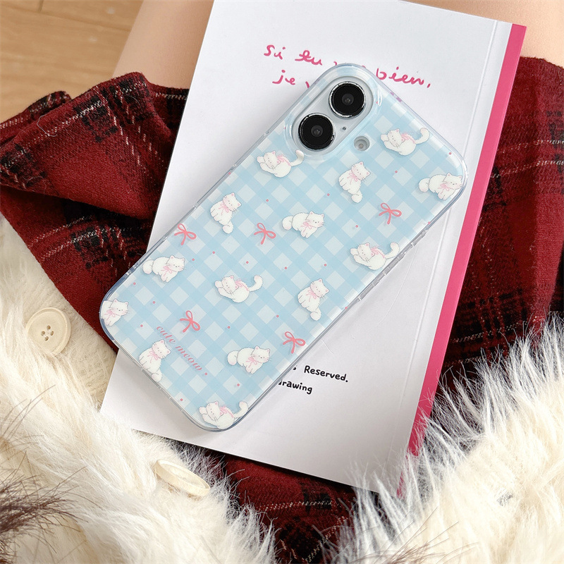 Pequeño gato con lazo a cuadros azul fresco para iphone16ProMax Apple 15 funda para teléfono móvil 14 femenino 13 nuevo