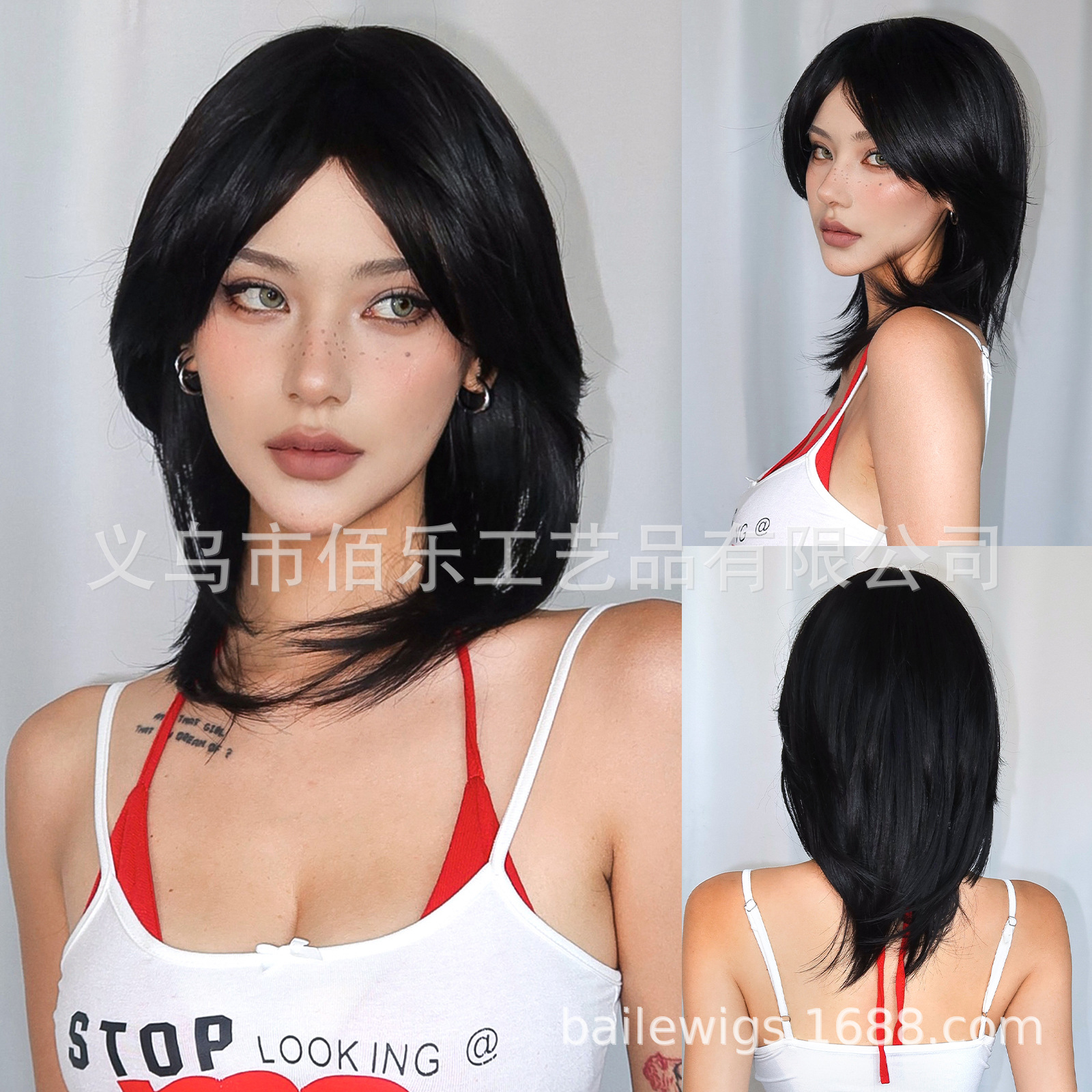 peluca de ocho caracteres franjas negras cabello largo recto completo cubierto de cabello de seda doméstica de alta temperatura en stock al por mayor