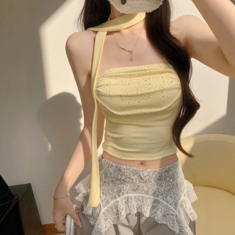 Summer Pure Desire Style Outerwear Hot Girl Rhinestone Halter Strap Tube Top Short Top for Women Slim Fit with Chest Pads