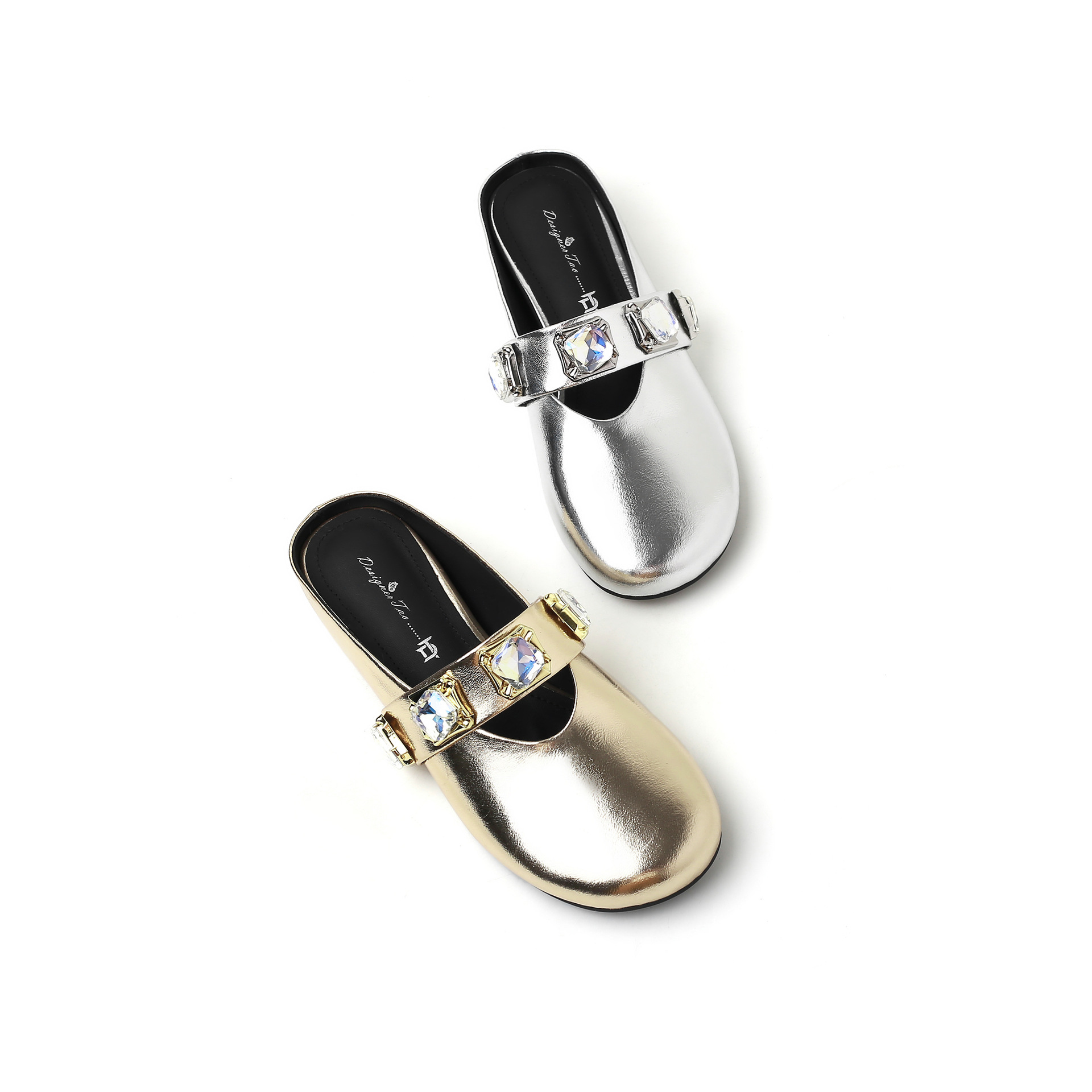 Dép mule nữ bít mũi đính đá rhinestone, gót dốc tăng chiều cao, phong cách ins — Màu đen, Màu vàng, Màu bạc chi tiết 14