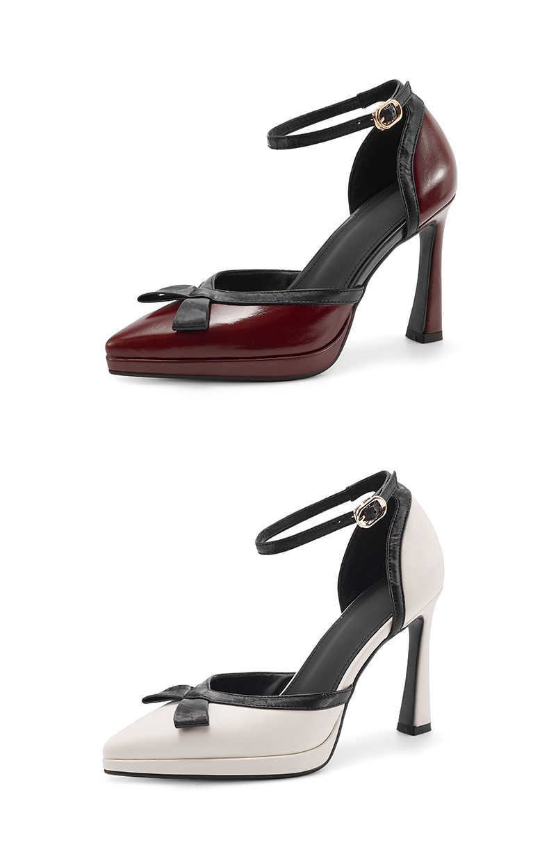 Sandal cao gót nữ phối màu phong cách Chanel, quai một khuy, mũi kín, gót nhọn 9 cm — Rượu vang đỏ, màu trắng ngà chi tiết 13