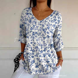 2025欧美跨境外贸新款时尚休闲V领3D印花几何图案五分袖T恤上衣女