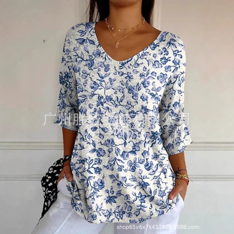 2025 European and American Cross-Border Export New Fashion Casual V Neck 3D Printed Geometric Pattern Five-Quarter Sleeve T-Shirt Tops for Women