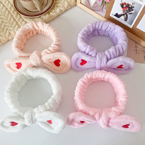 Manufacturer direct sales plush heart embroidery hair tie for women face washing toiletry hair tie exercise yoga headband wholesale