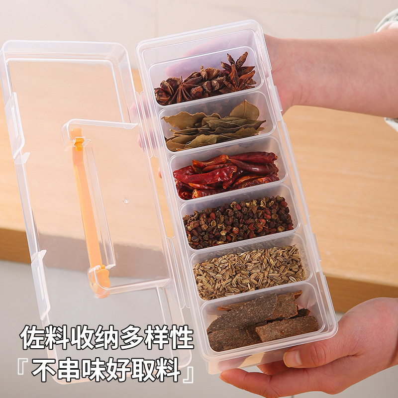 Caja de almacenamiento de especias dividida transparente, caja de almacenamiento de sellado de cocina doméstica con cierre de tapa, caja de condimentos de boca ancha grande