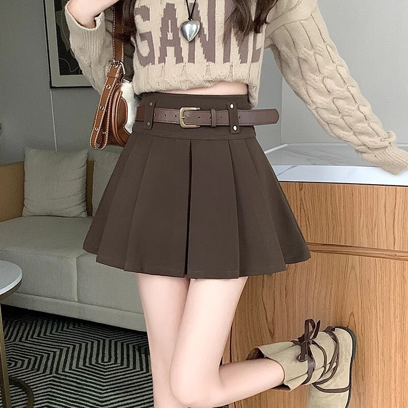 Brown Woolen Pleated Skirt for Women Winter New High-Waist Slimming Look A-Line Umbrella Skirt Anti-Exposure Versatile Short Skirt